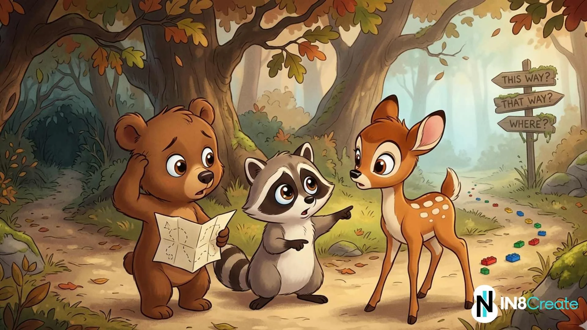 Cartoon animals looking lost and confused while examining a map together, depicting a team trying to find direction