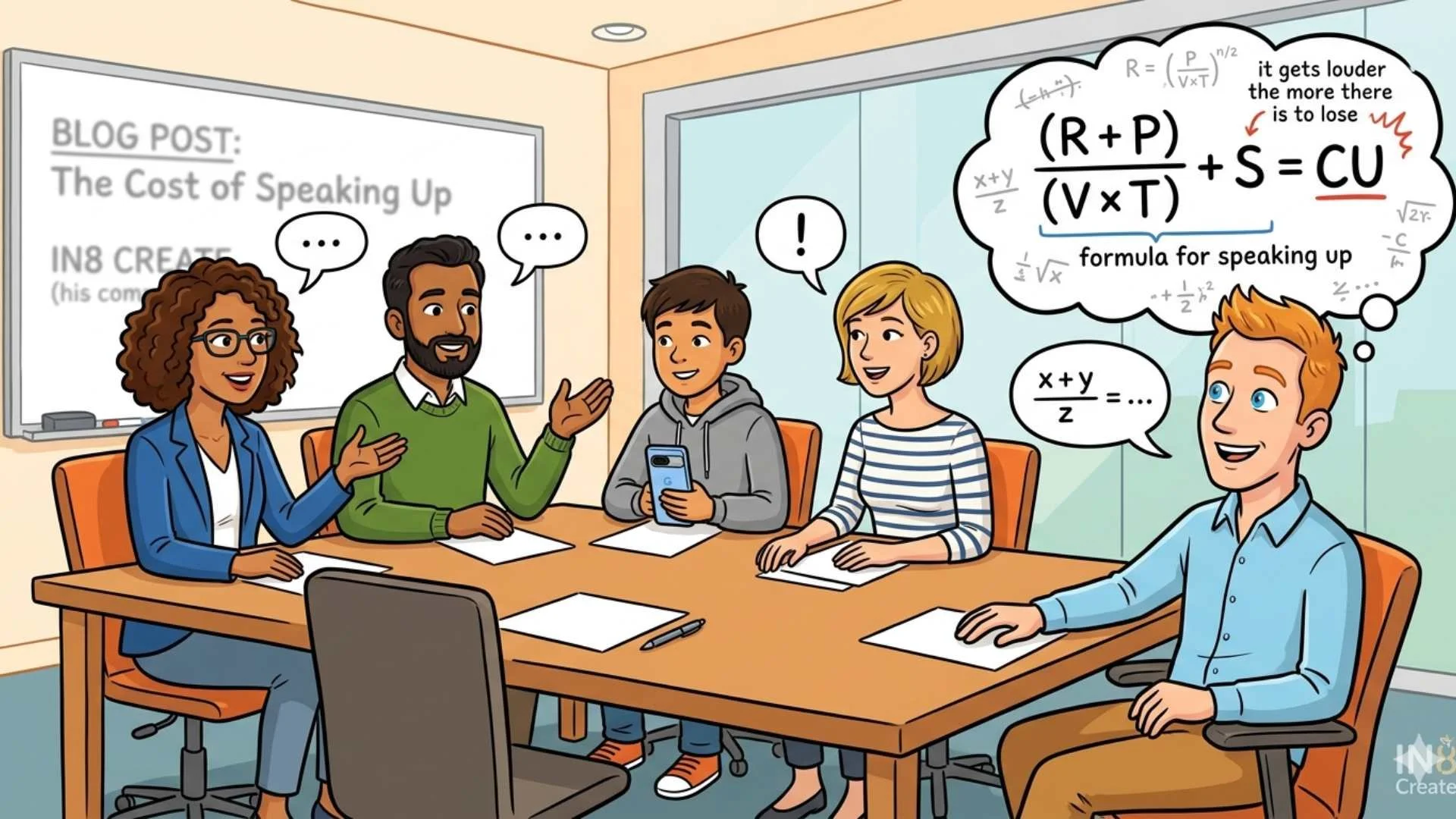 Cartoon illustration of a meeting around a table, with one participant looking thoughtful while a thought bubble above their head fills with mathematical equations and calculations.