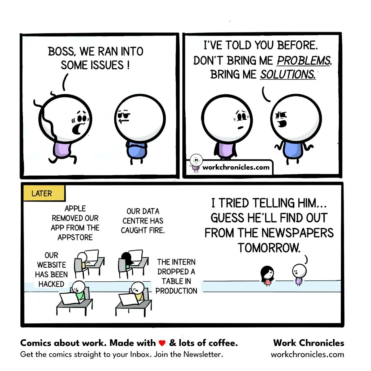 Four-panel comic. An employee says they ran into issues. The boss replies don't bring me problems, bring me solutions. Later, several crises unfold at once while a colleague says the boss will find out from the newspapers tomorrow.