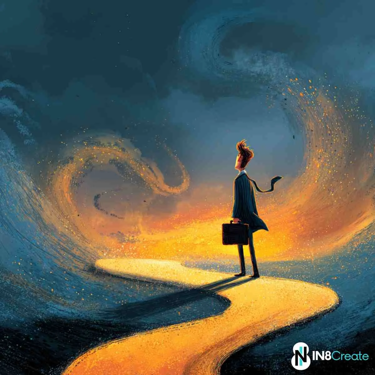 Illustration of a business professional with briefcase standing on a winding golden path, looking ahead into swirling clouds of blue and orange, representing navigating change and uncertainty at work
