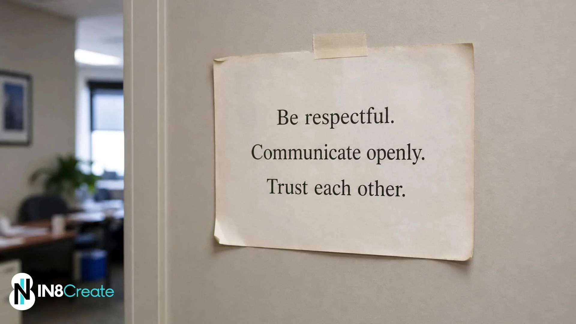 A printed paper sign taped to an office wall reading "Be respectful, communicate openly, trust each other," with corners curling and edges yellowed from age.