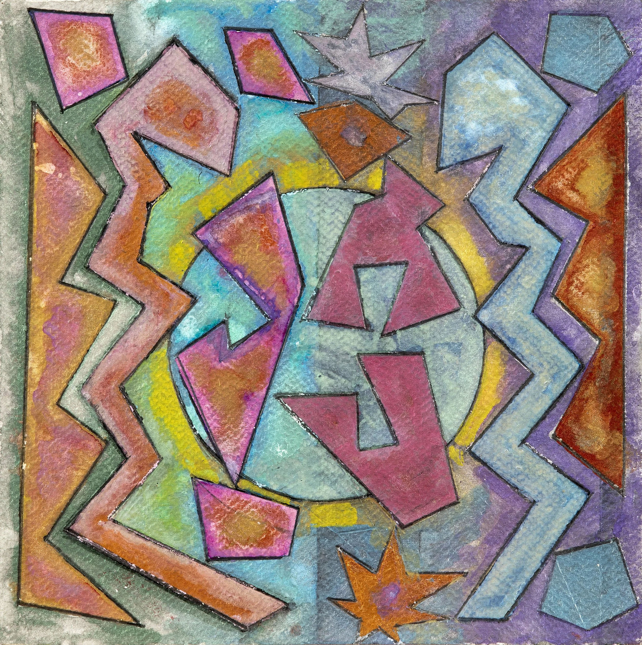 Two Totems with Blue Moon, iridescent watercolor, 7" x 7", 2026