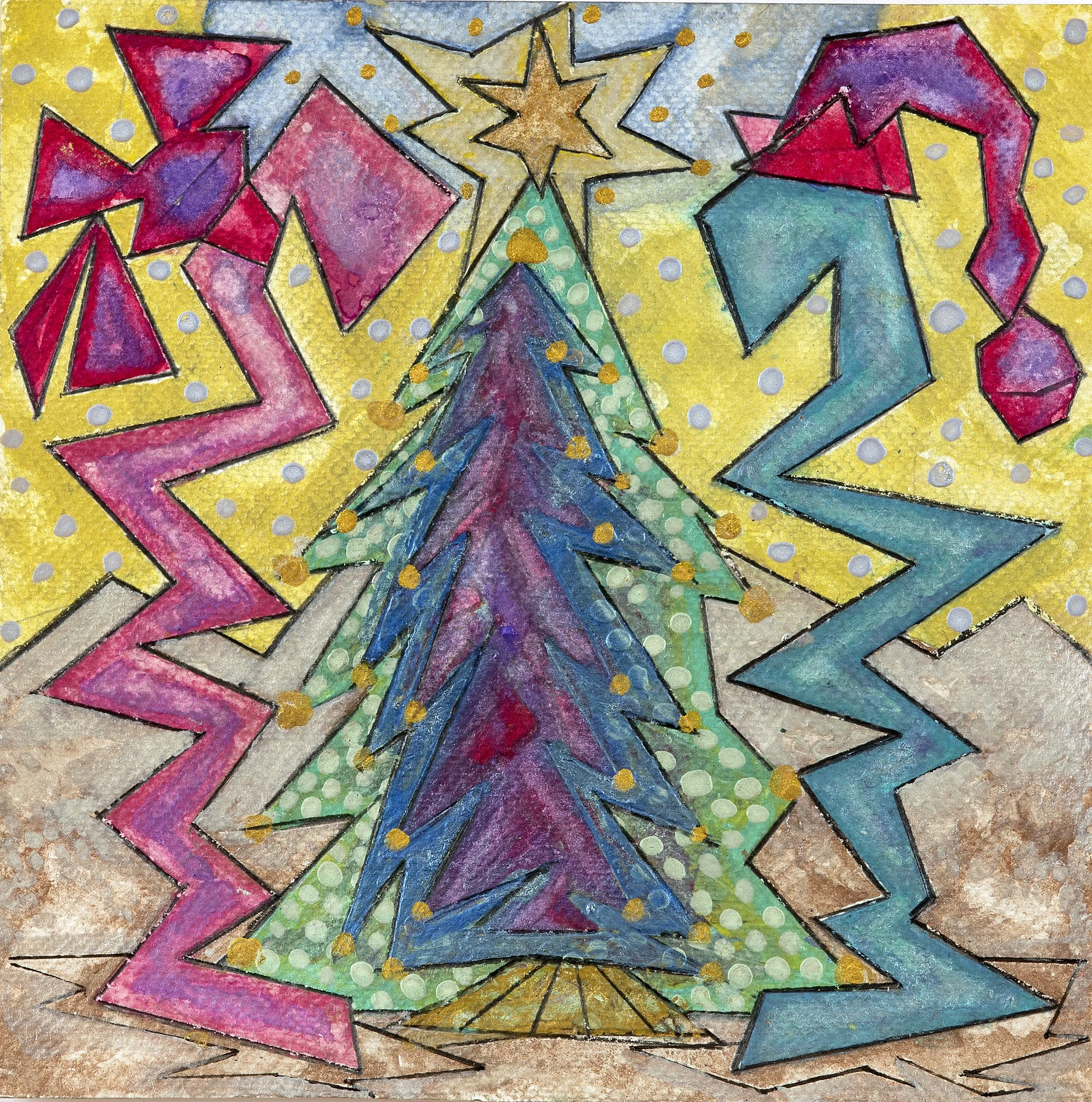 Christmas Tree, iridescent watercolor, 7" x 7", 2026