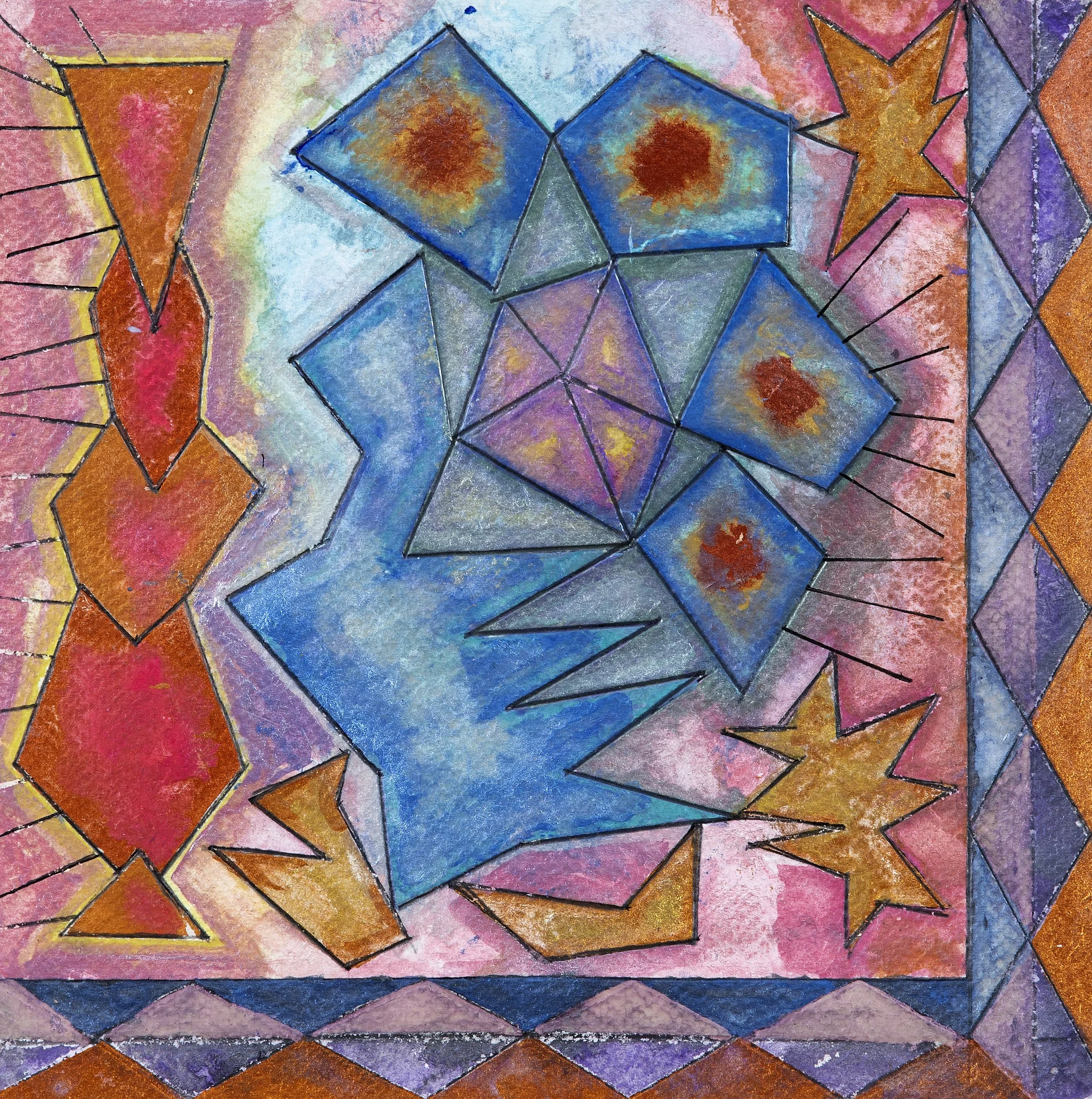 Figure with Circling Squares, iridescent watercolor, 7" x 7", 2026