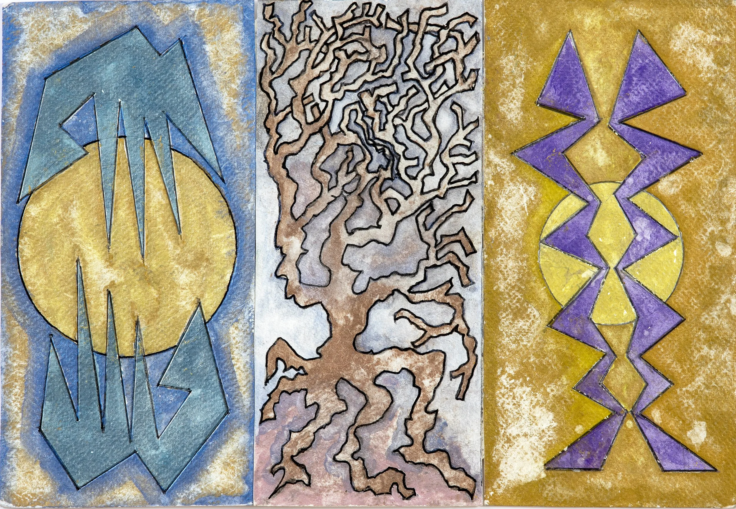 Dog Fight Tree of Life Egyptian Dancers, iridescent watercolor, 13" x 9", 2026