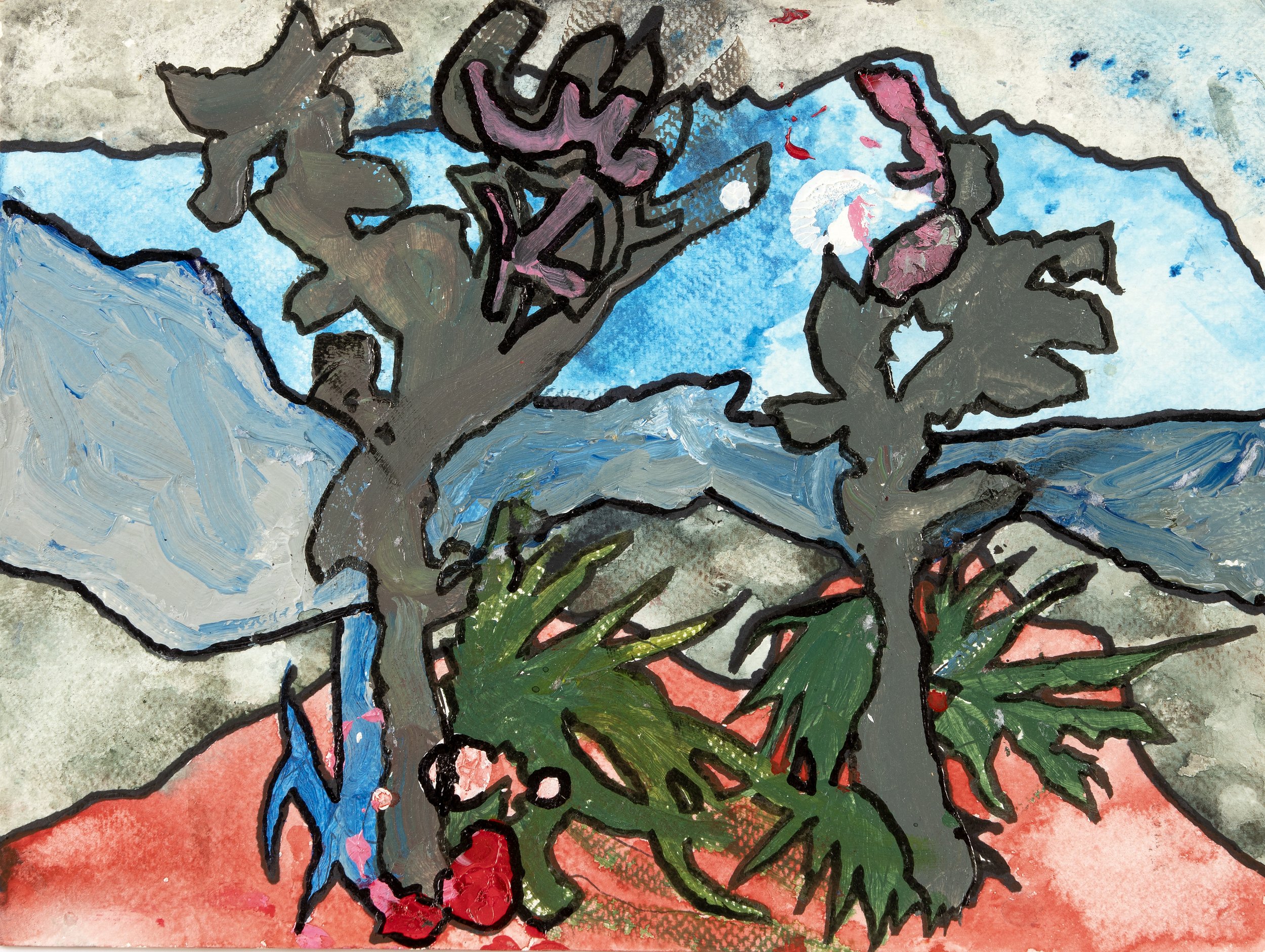 Joshua Trees, acrylic on paper, 9" x 12", 2023