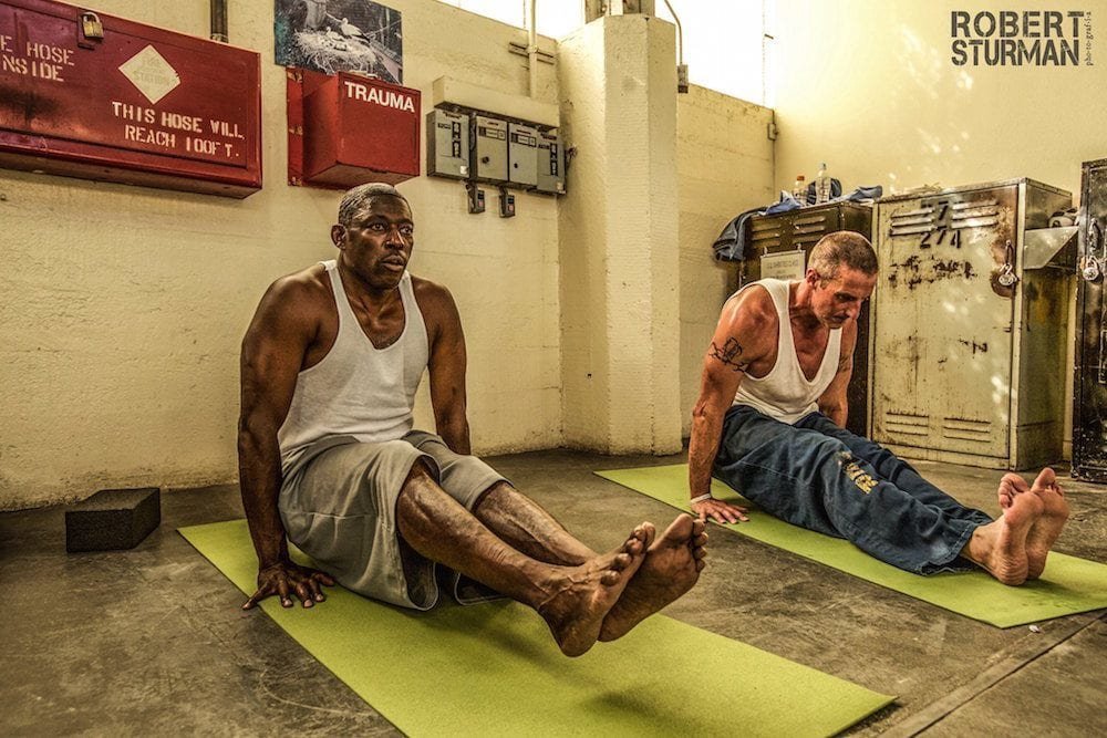  Inmates practicing yoga at San Quentin State Prison in northern California. 