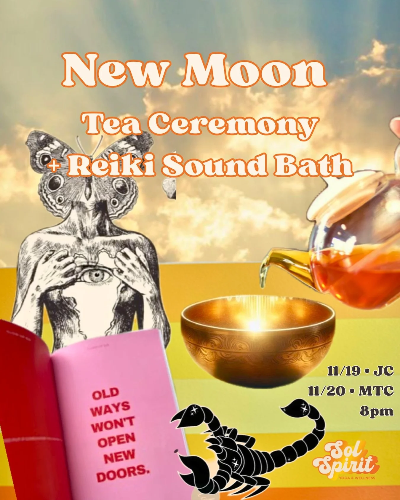 Under the Scorpio New Moon we gather to renew. ✨

Join Rose @wellnessaura for a nourishing New Moon Tea Ceremony + Reiki Sound Bath 💫

Wednesday in JC &amp; Thursday in MTC at 8pm.

Set intentions, sip slowly, and let the sound guide you inward.

🌙