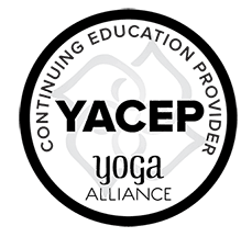 A circular logo for YACEP Yoga Alliance, with the words 'Continuing Education Provider' around the circle's top and bottom, and 'YACEP' and 'yoga alliance' in the center.