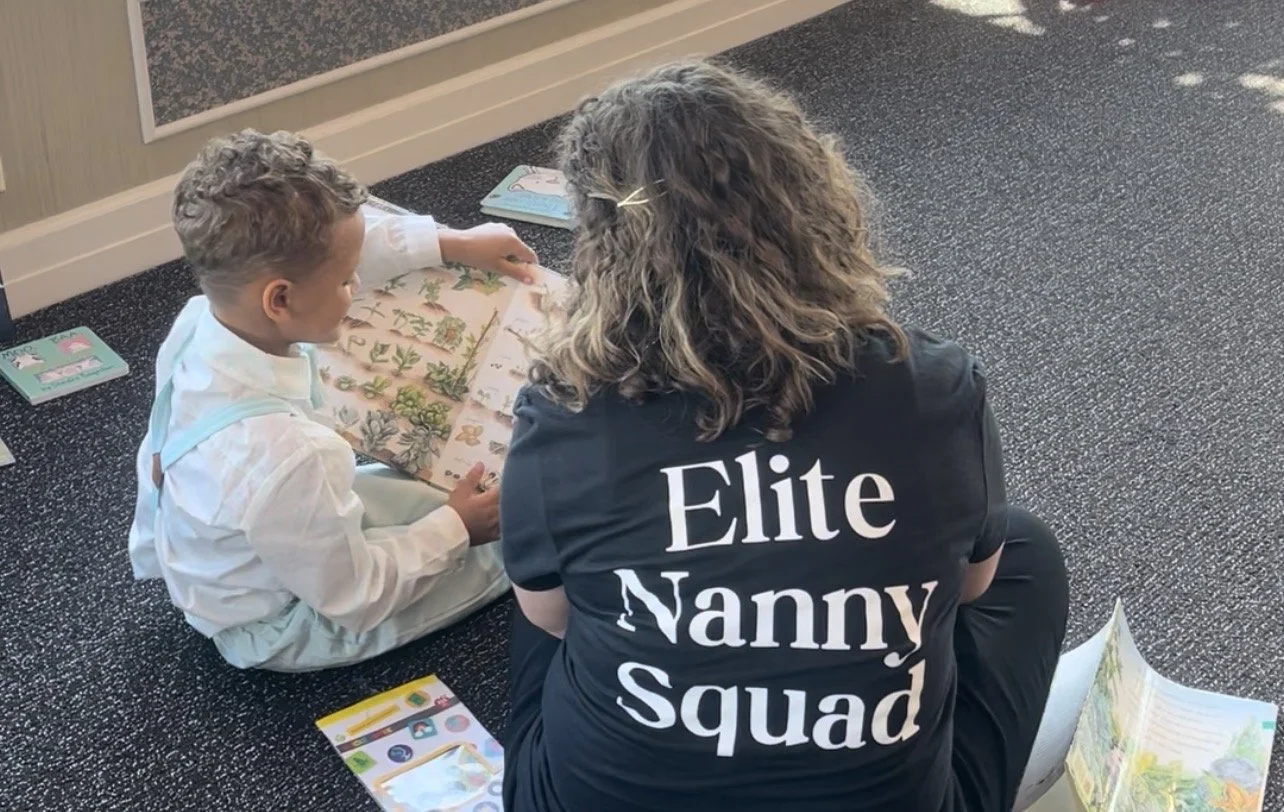 A professional nanny from Elite Nannies On Demand sitting and keeps the boy entertained with story time at a Hyde Park wedding,