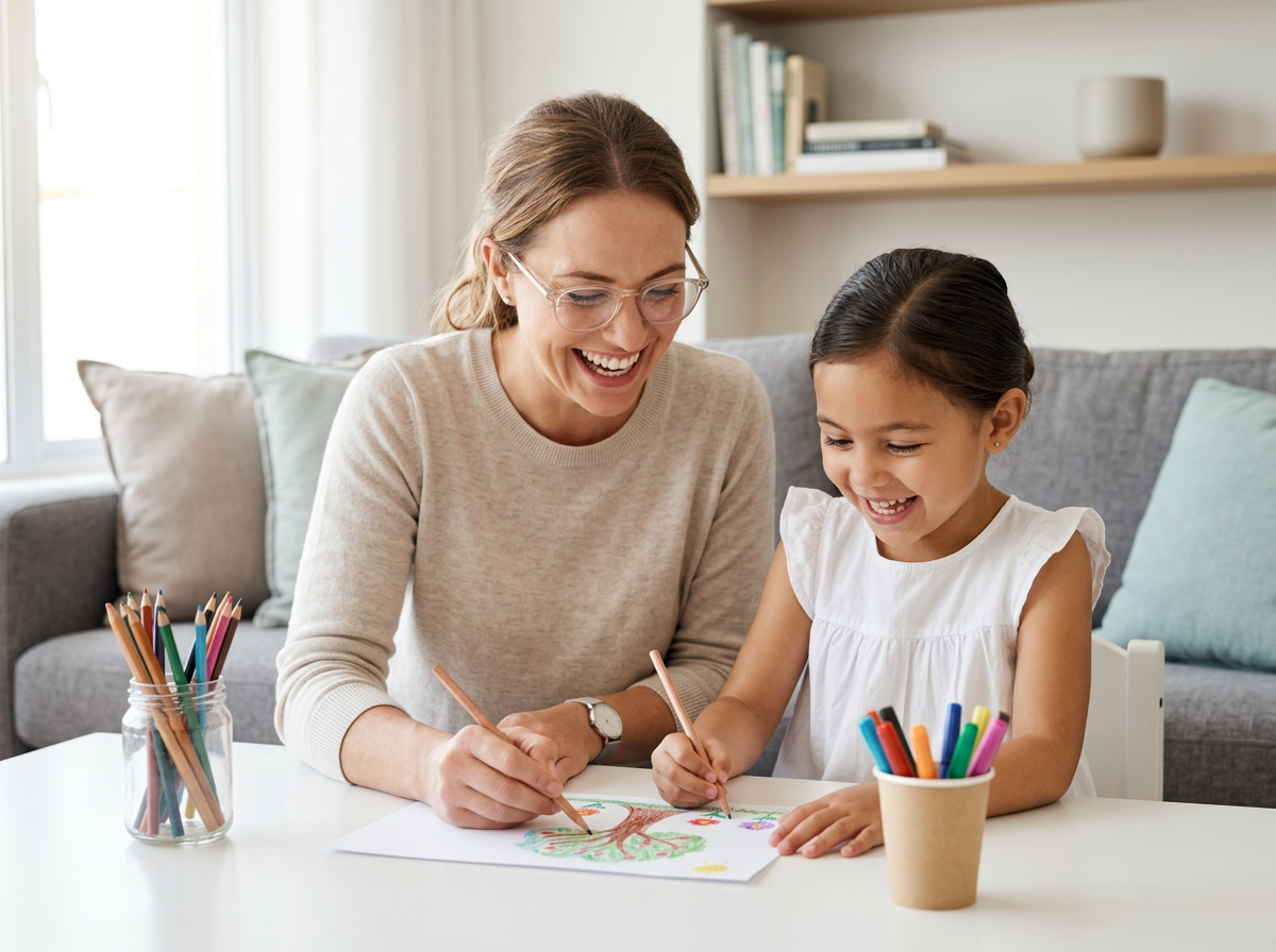 A professional caregiver helping a child explore drawing and creativity during a fun activity in their Cincinnati, Ohio, home