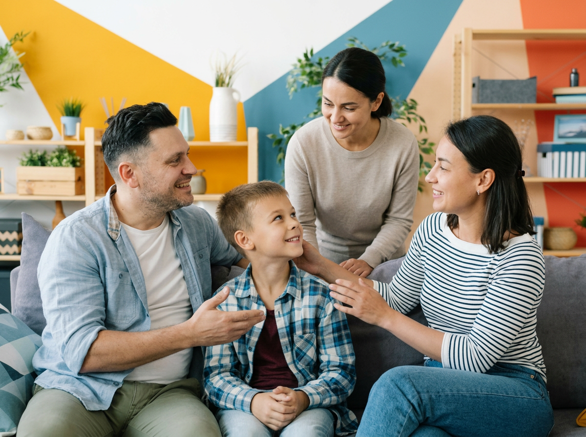 Parents in Hyde Park happily introducing their child to their new sitter and creating a warm first connection
