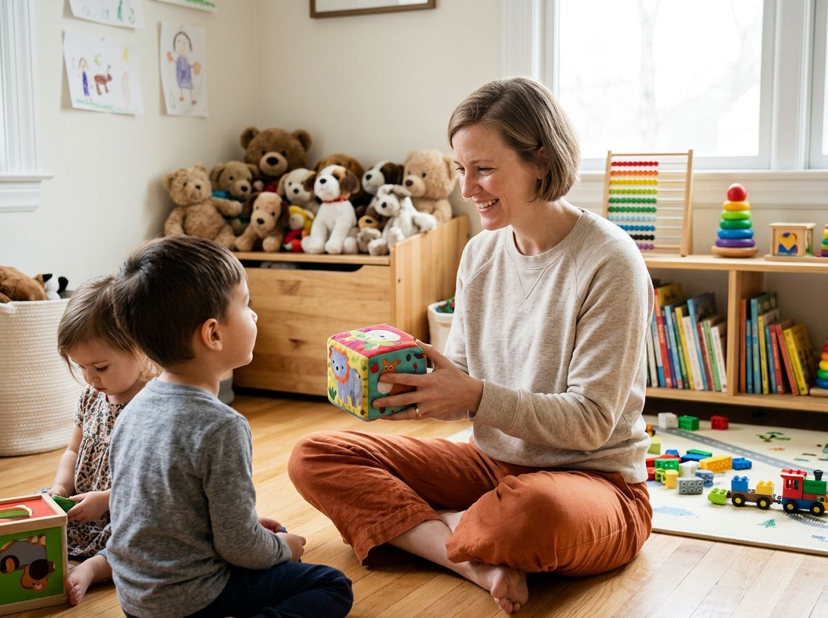 Childcare provider engaging children in Indian Hill with toys while supporting a positive shared childcare environment