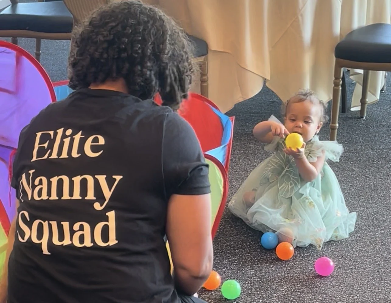 Elite Nannies On Demand's experienced event nany caring for a child at a wedding in Indian Hill, allowing parents to relax and fully enjoy the celebration with peace of mind.