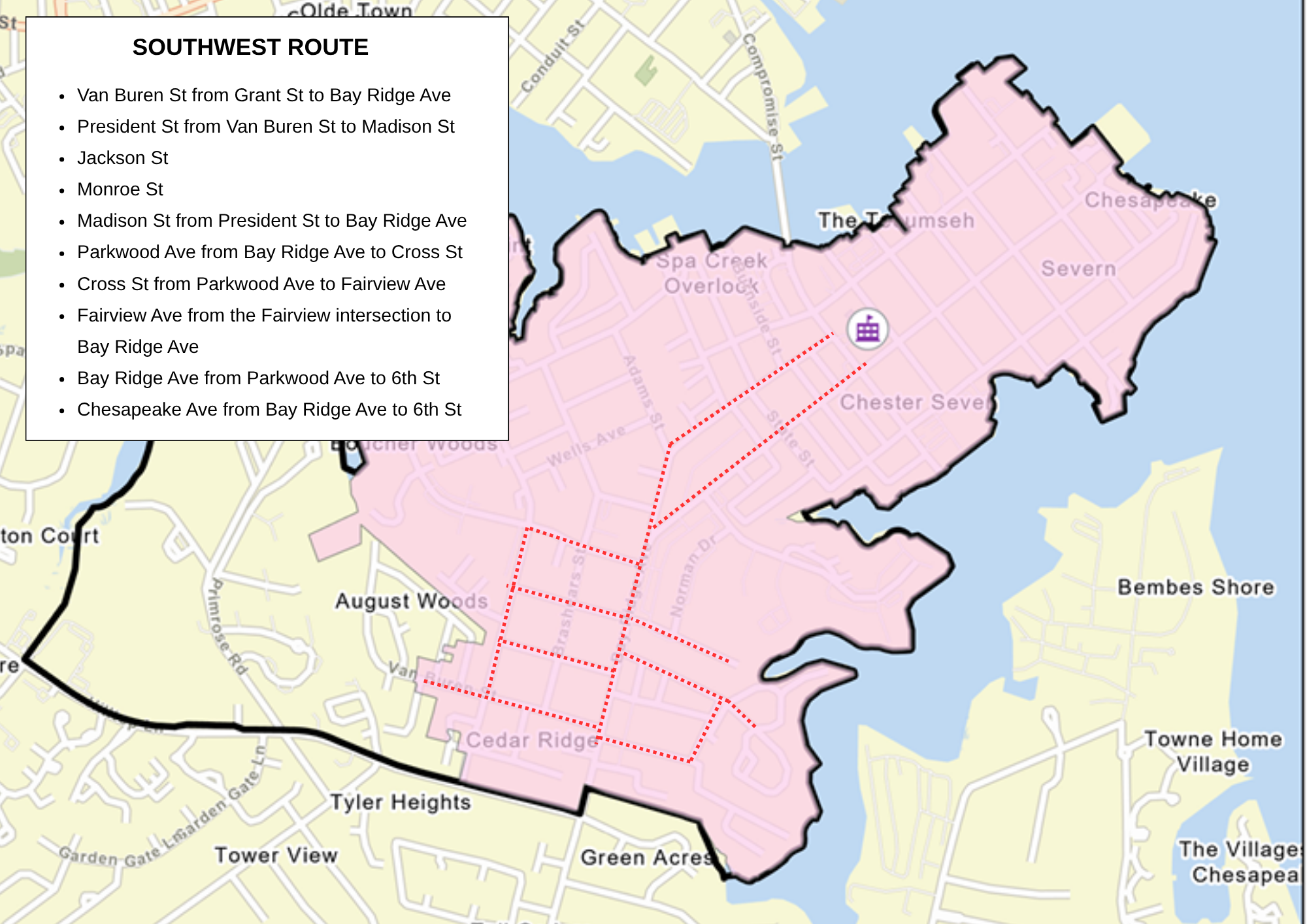 Map of Eastport Elementary walk zone with the southwest route highlighted.