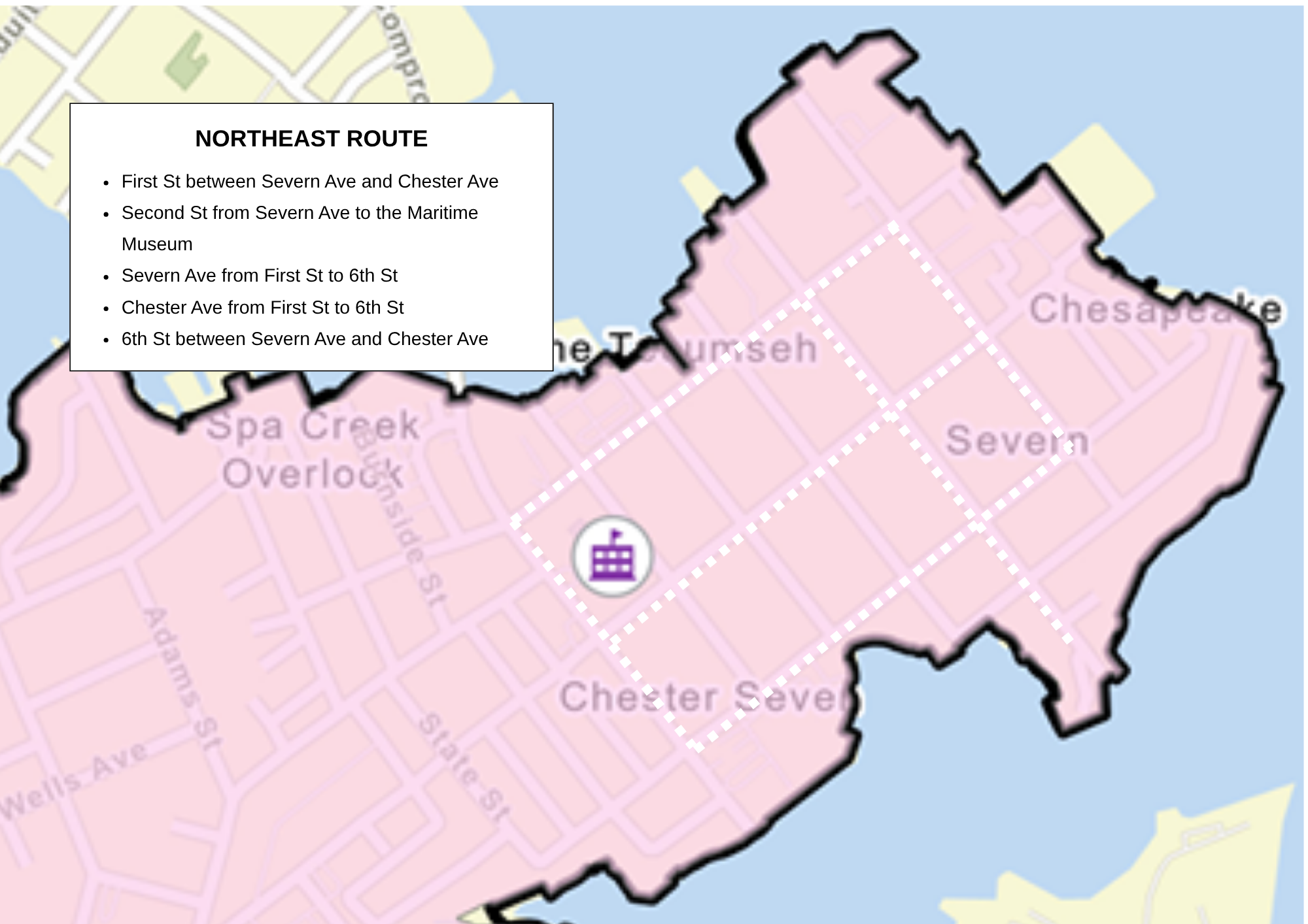 Map of Eastport Elementary walk zone with the northeast route highlighted