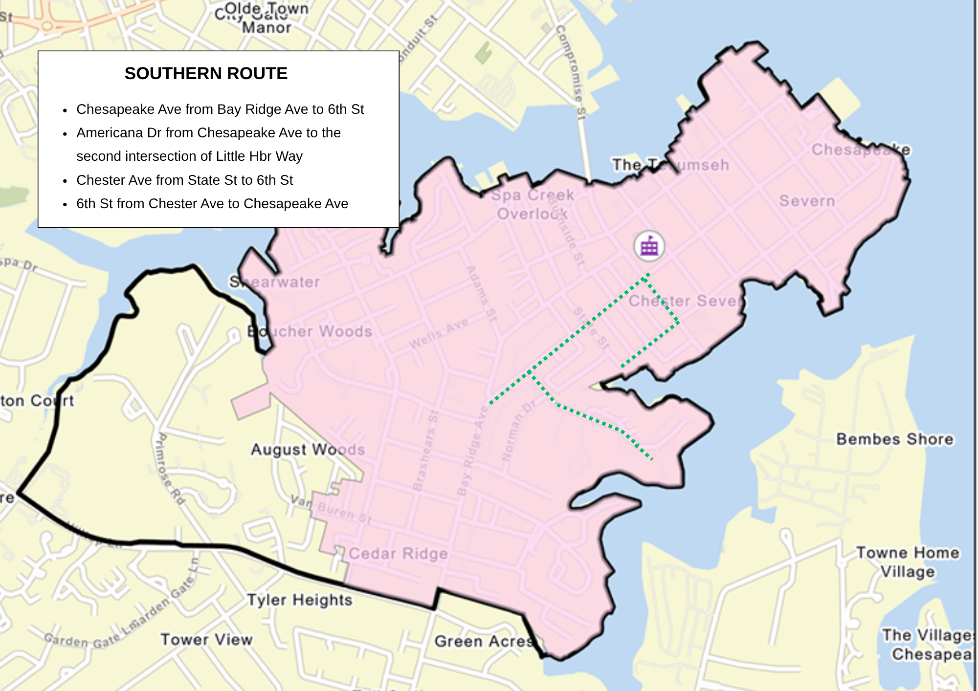 Map of Eastport Elementary walk zone with the southern route highlighted