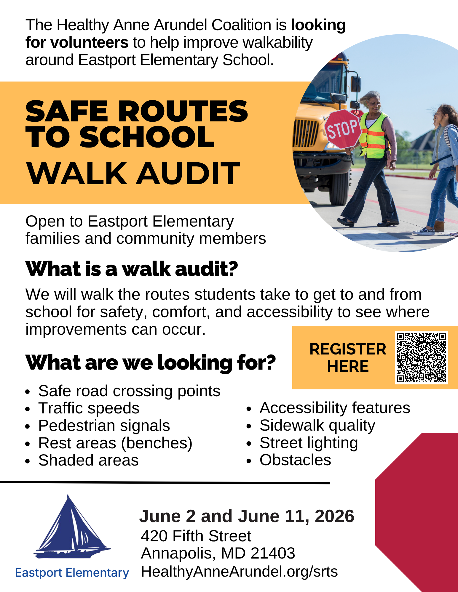 We are looking for volunteers to help improve walkability around Eastport Elementary School. We will walk the routes taken by students to get to and from school to see where changes are needed to improve safety, accessibility, and comfort.