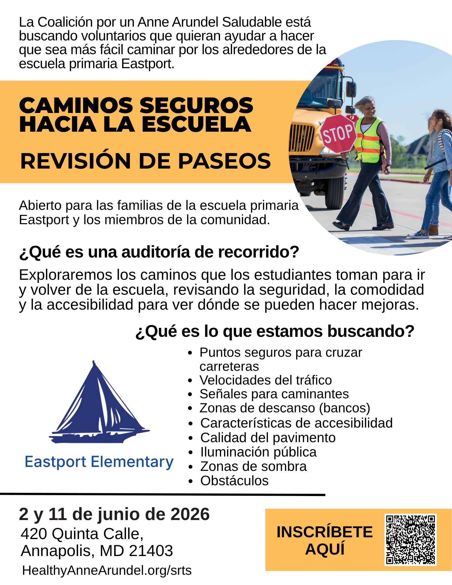 Buscamos voluntarios para ayudar a mejorar la transitabilidad a pie en los alrededores de la Escuela Primaria Eastport, con el fin de identificar dónde son necesarios cambios para mejorar la seguridad, la accesibilidad y la comodidad.