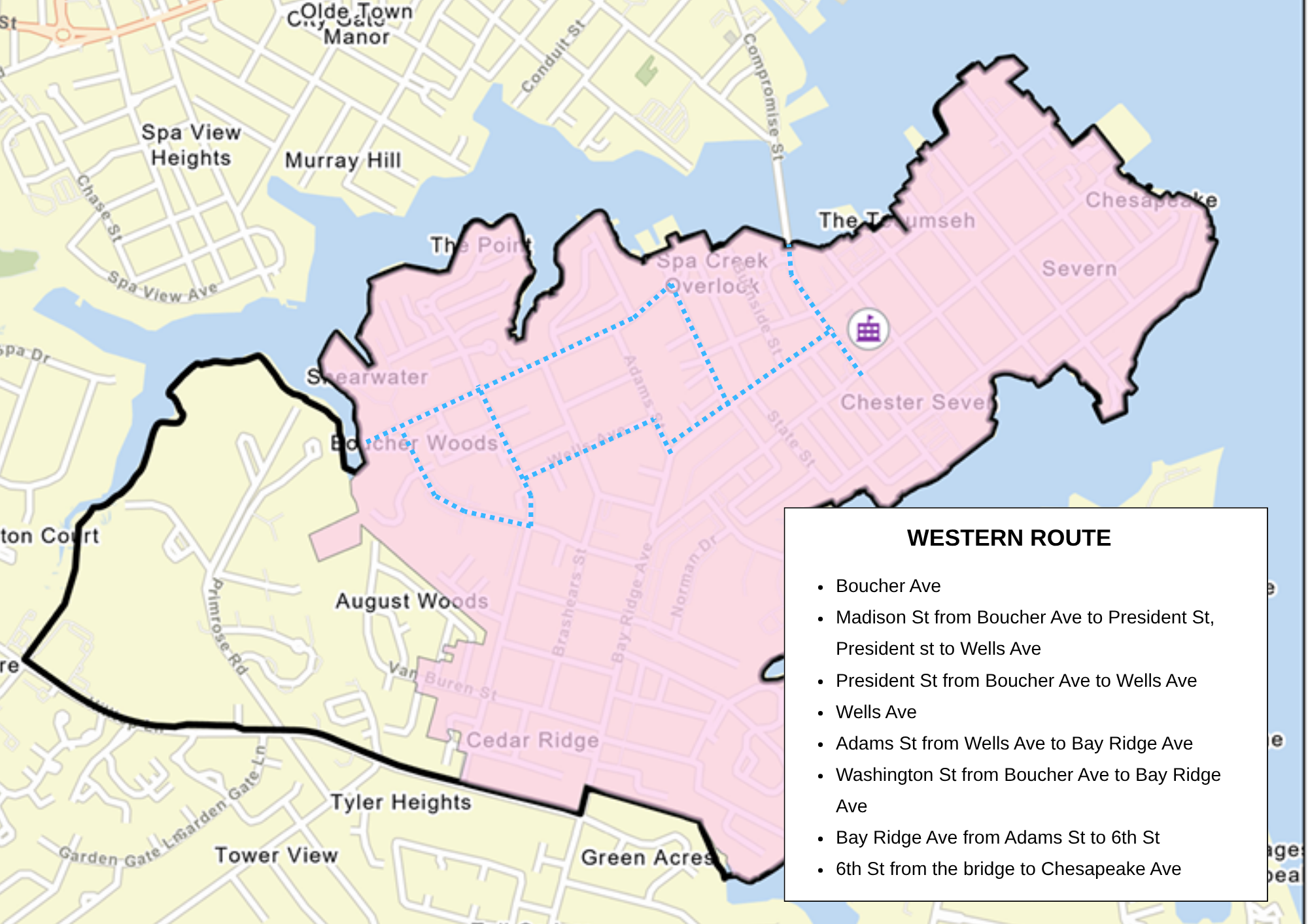 Map of Eastport Elementary walk zone with the western route highlighted.