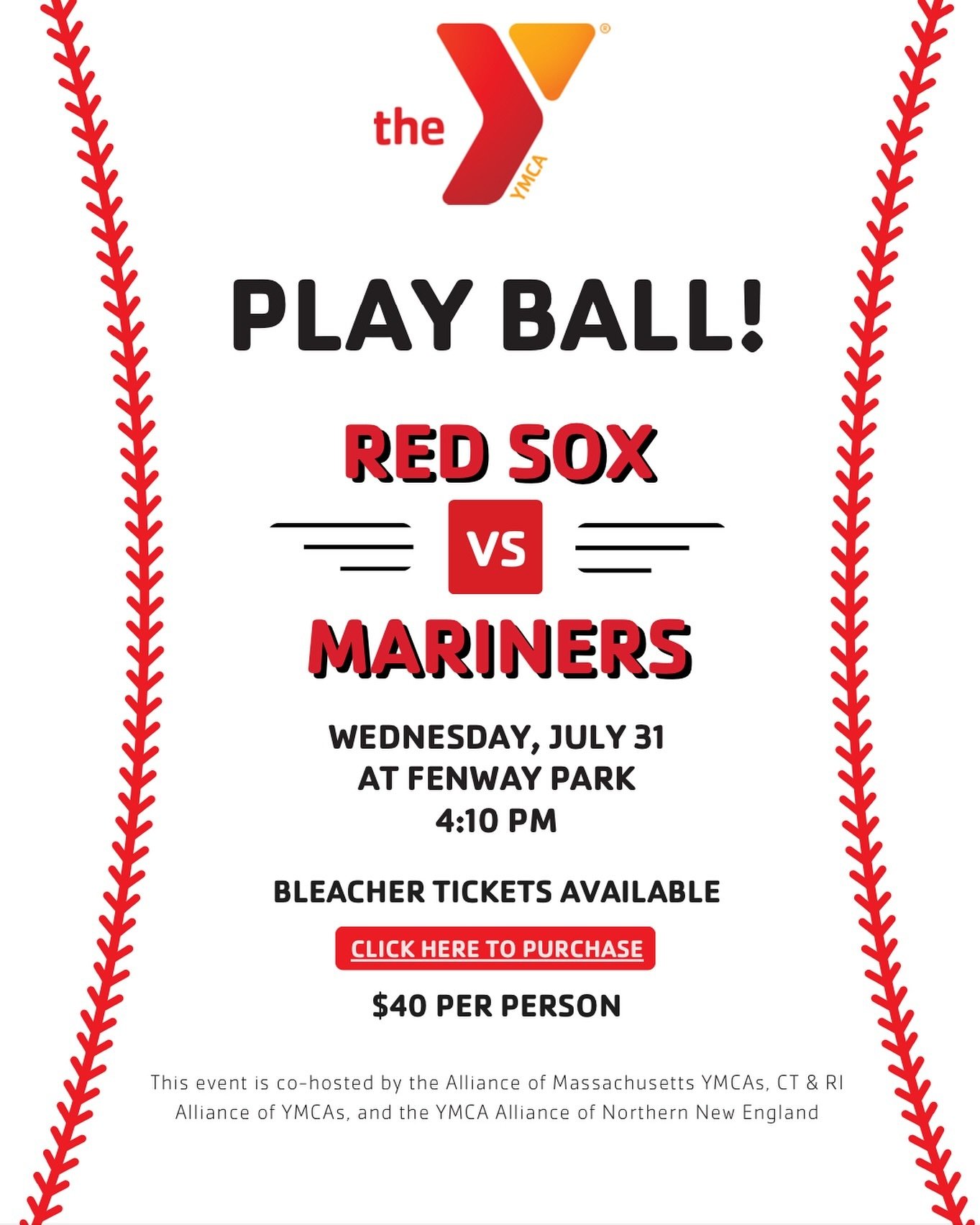 Join us on July 31 at Fenway Park! YMCA Associations in New England are invited to purchase tickets to enjoy a fun Y Day at Fenway this summer. 

Thank you to the @redsox for continuing this exciting partnership⚾️❤️