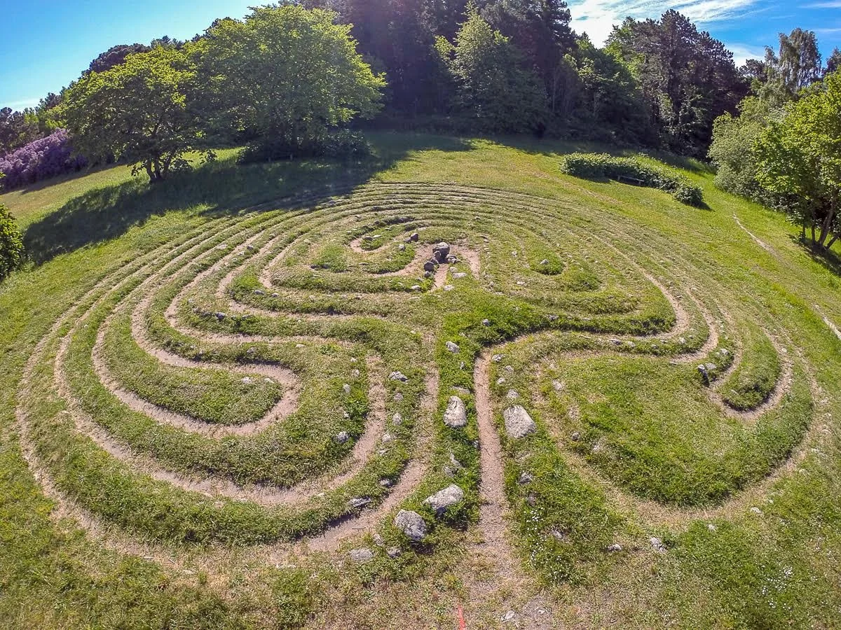 A large outdoor labyrinth maze with a tree symbol at its center, surrounded by grass and trees under a sunny sky.