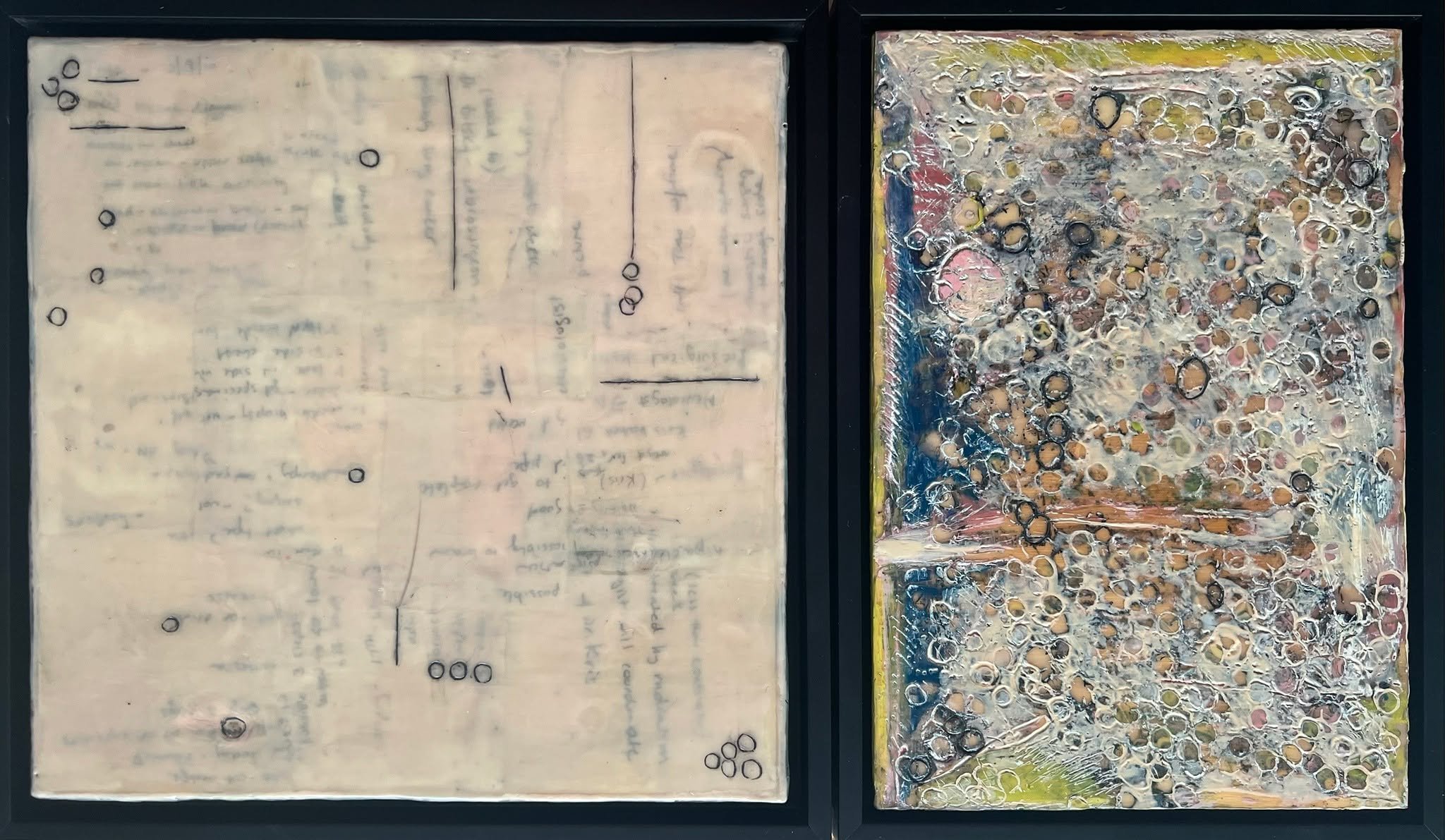 DIAGNOSIS I &amp; II DIPTYCH &bull; 12 x 24 inches &bull; Encaustic with Mixed Media

This diptych began with torn pieces of my notes taken years ago while receiving my mother&rsquo;s cancer diagnosis. Grief, anger, love, and memory worked into many 