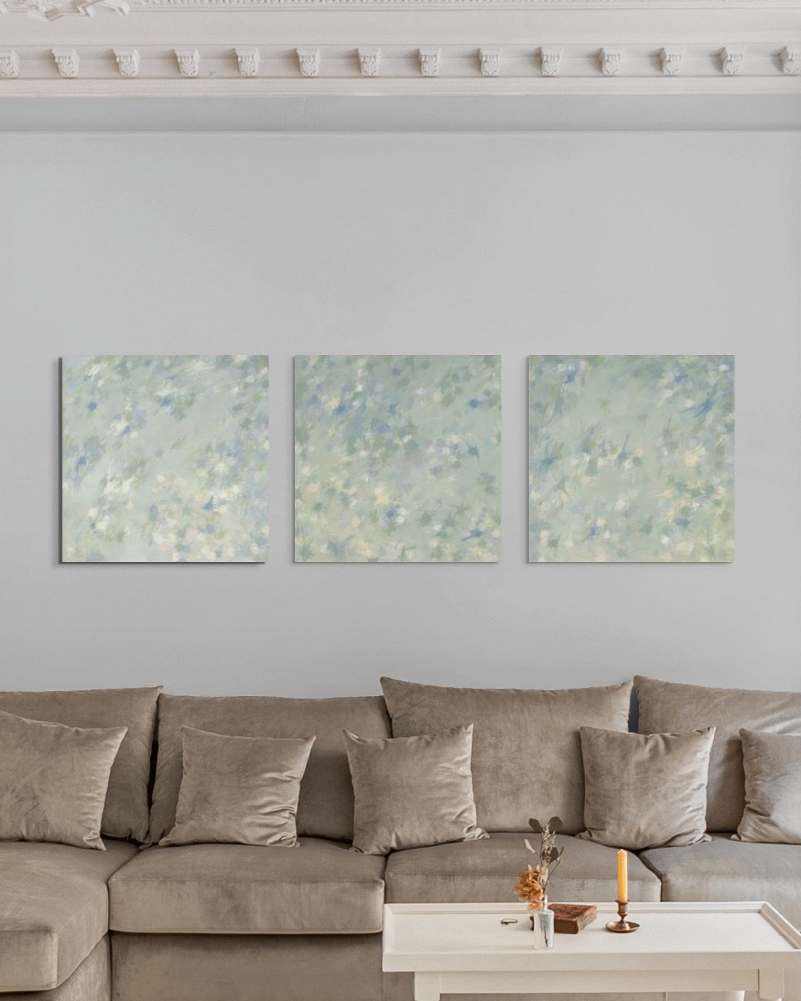 In my &quot;Treescape Triptych&quot; each panel stands on its own, but together they create a gentle rhythm and movement. Subtle layers of blue, green, and warm light overlap in transparent strokes, building depth without sharp lines. 

TREESCAPE TRI