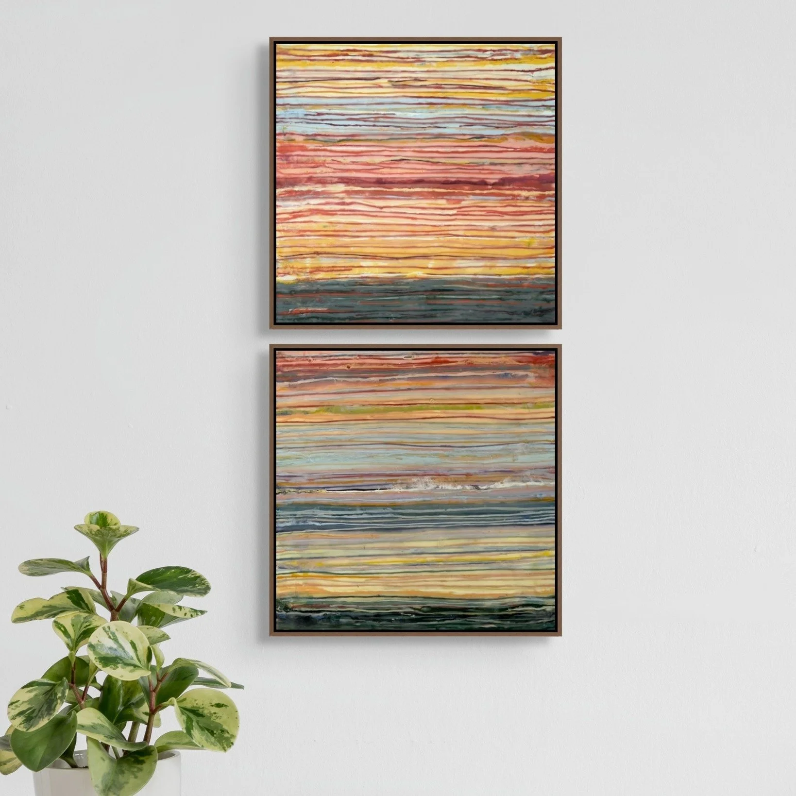 Recent encaustic wax pieces, which I call abstract &ldquo;Landscapes." They feature a palette of colors from the earth, sea, and sky. 🌅

SUNSET I &amp; II &bull; 12&rdquo;x12&rdquo; &bull; Encaustic
.
.
.
#artoftheday #abstractart #originalart 
