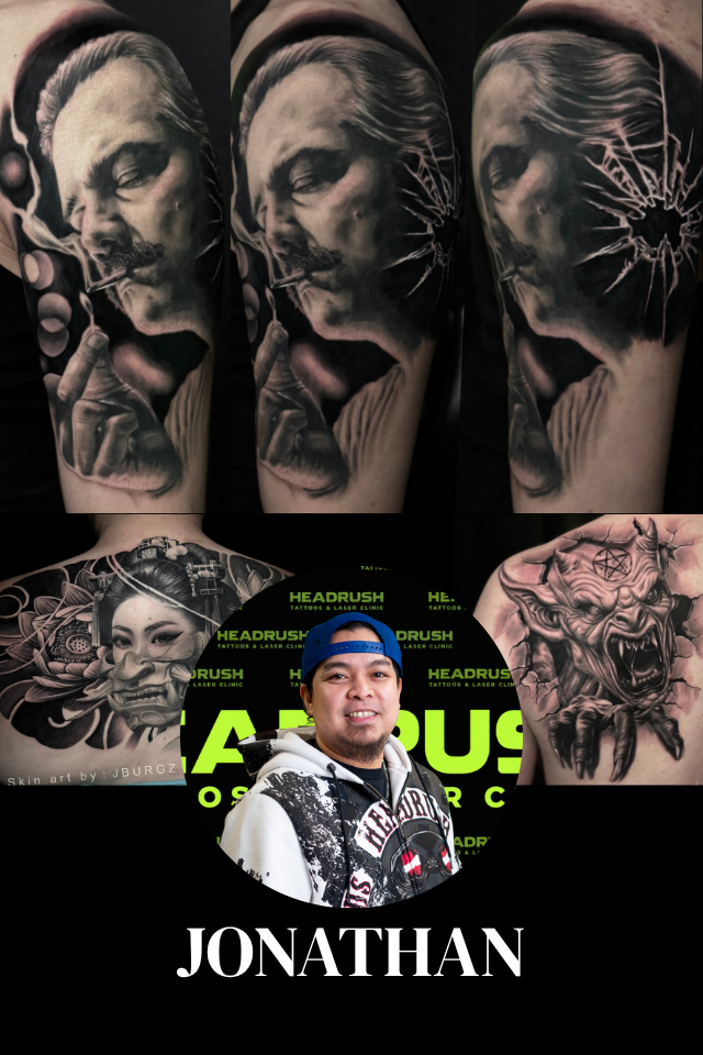 Collage of tattoo artwork featuring black and gray portraits and mythical creature designs, with a portrait of a man wearing a blue cap in the center and the name 'JONATHAN' written at the bottom.