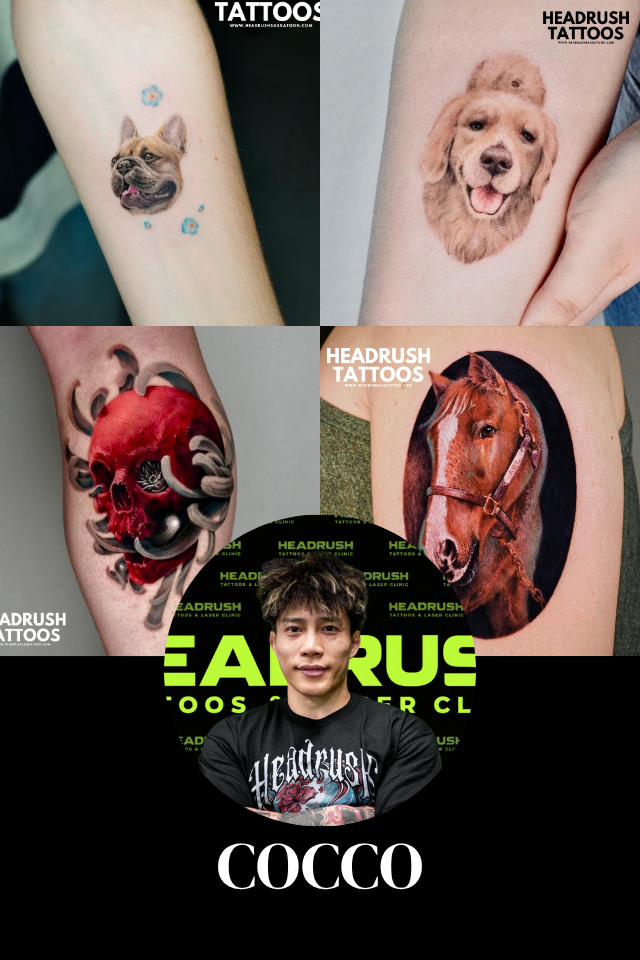 A young man with tattoos on his arms and curly hair, standing in front of a black background with a neon green logo and repeating text that says 'HEADRUSH - FORTUNE FAVOURS THE BRAVE TATTOOS & APPAREL.' He is wearing a black T-shirt with the word 'HEADRUSH' in stylized font and a tattoo design, with his arms crossed.