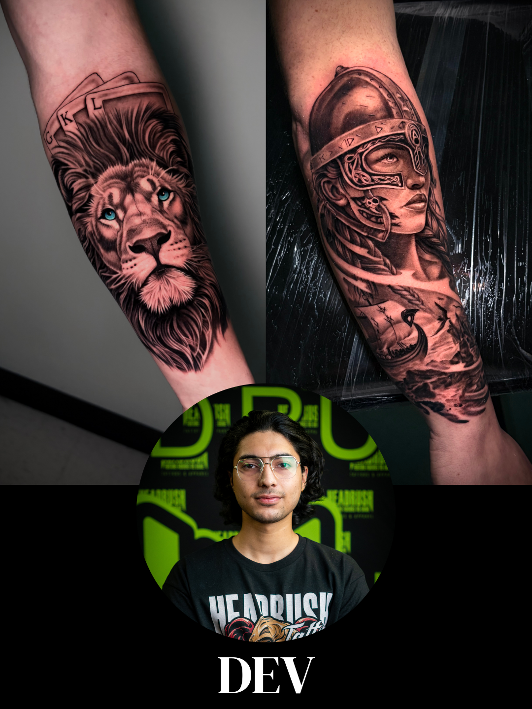 A young man with glasses and long dark hair standing with crossed arms in front of a black and green background with the word "HEADRUSH" repeatedly visible.