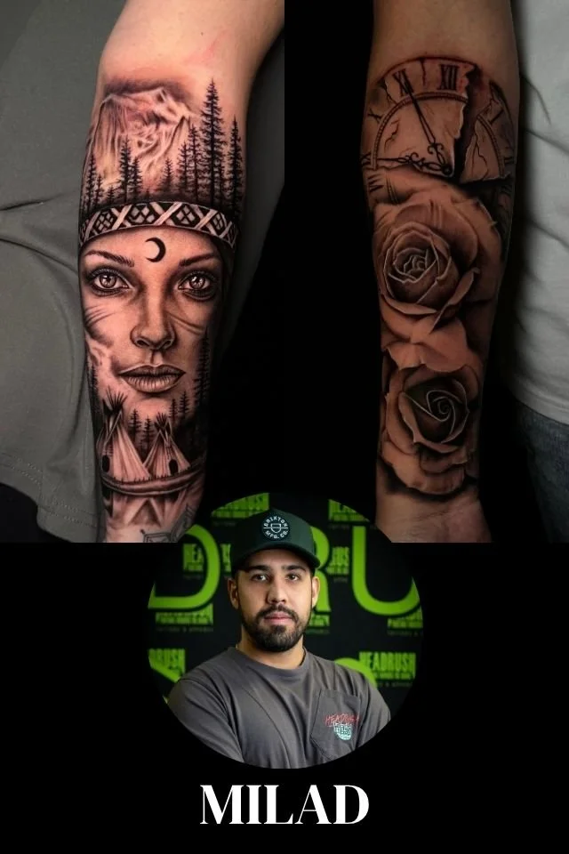 A man with dark hair, beard, and tattoos on his forearm and upper arm, wearing a black baseball cap and gray t-shirt, standing with arms crossed in front of a background with green and black text and graphics.