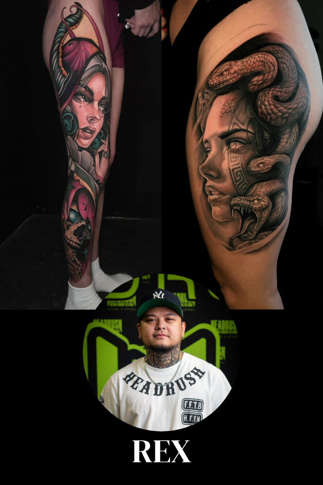 A man with tattoos on his neck and arms, wearing a black New York Yankees baseball cap, a white t-shirt with various black patches and text, and a chain necklace, standing in front of a black and green background with bold text.