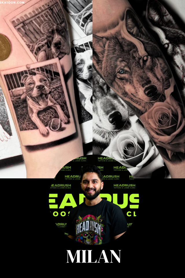 A man with dark hair, beard, and tattoos on his arms, standing in front of a black background with neon green text and graphics that say 'HEADRUSH'. He is wearing a black T-shirt with a colorful design and the words 'HEADRUSH' and 'Tattoo'. He is smiling with arms crossed.