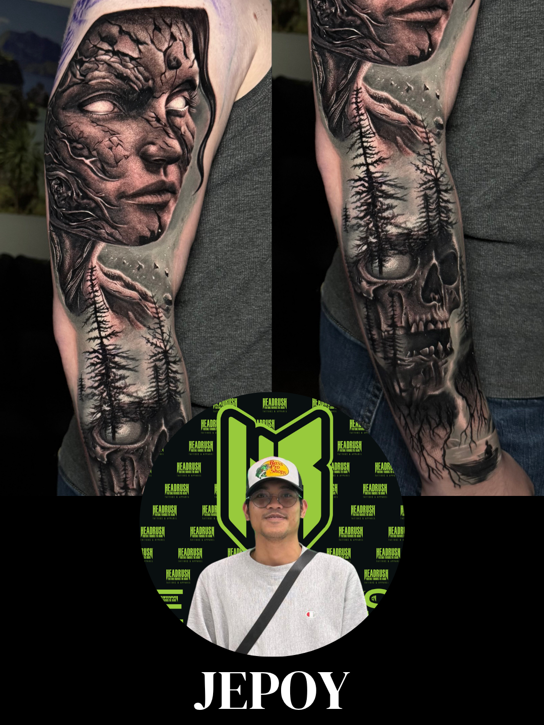 A person wearing a black bucket hat, glasses, and a sleeveless striped shirt is tattooing someone's arm with a tattoo machine. The person is wearing black gloves and focusing on their work.