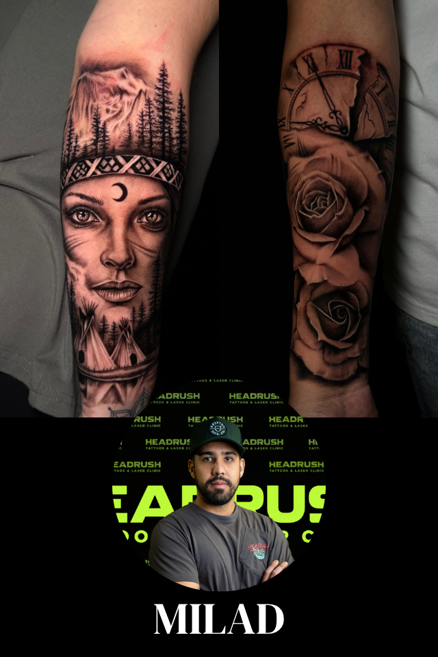 A man with dark hair, beard, and tattoos on his forearm and upper arm, wearing a black baseball cap and gray t-shirt, standing with arms crossed in front of a background with green and black text and graphics.