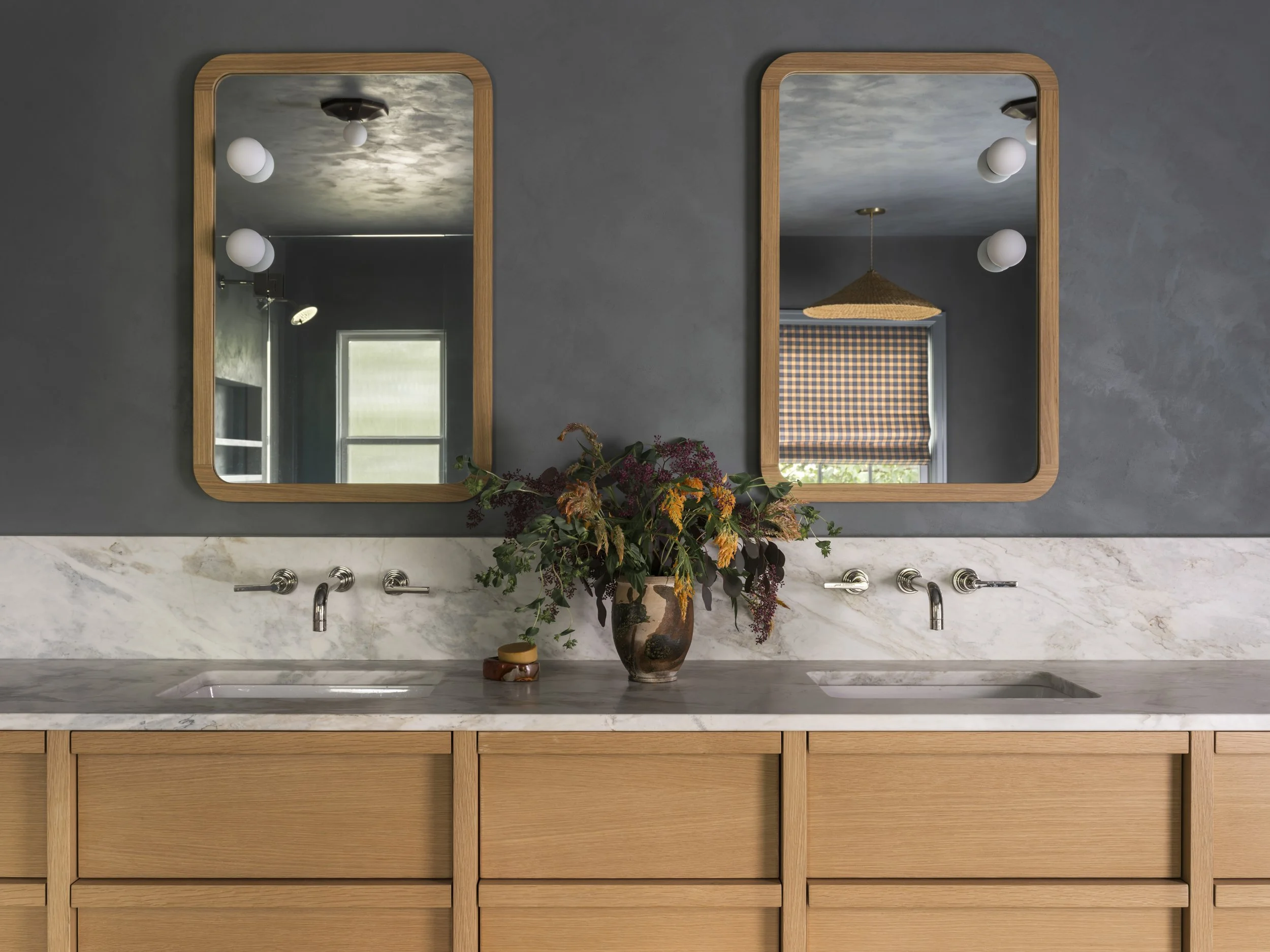 blue plastered primary bathroom