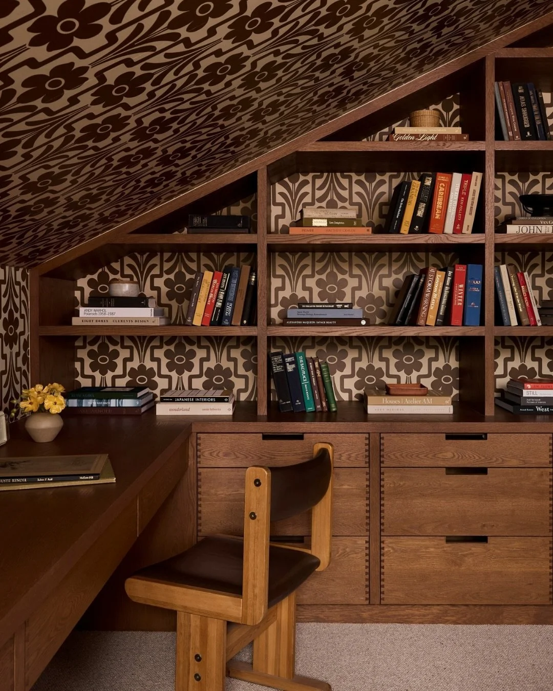 An archival wallpaper brought the sweetest layer to this small office in our Sun Valley Ski House project, tucked behind the built-in shelving. We loved the contrast of the delicate alpine floral with the weight and shape of the vintage Gangso Mobler