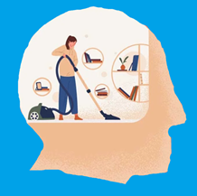 large head with scene of woman vacuuming inside