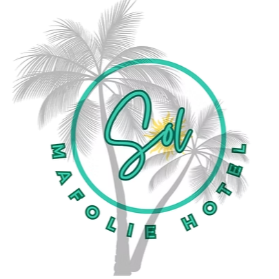 Logo with palm trees in the background, featuring the text 'Sal' in a stylized font and 'Malolie Hotel' surrounding the circle.