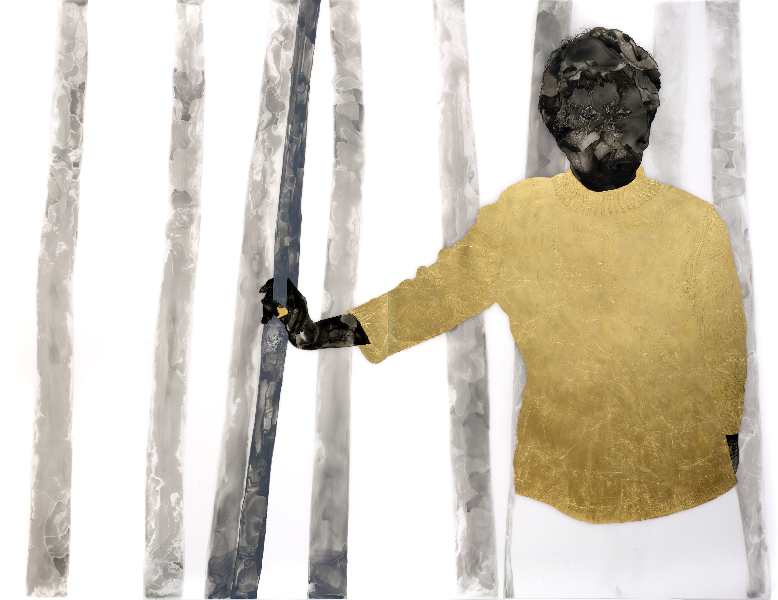 Halmeoni, ink, flashe, gold leaf, graphite on Dura-Lar, 61 x 80 inches, 2019