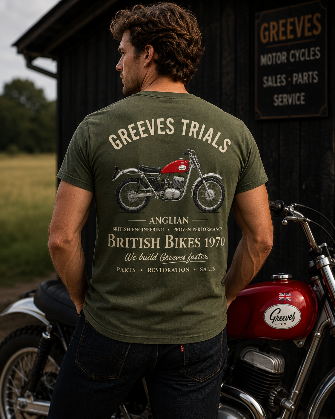 Trials Collection – Greeves Anglian T-Shirt – Olive_Model_Back.png