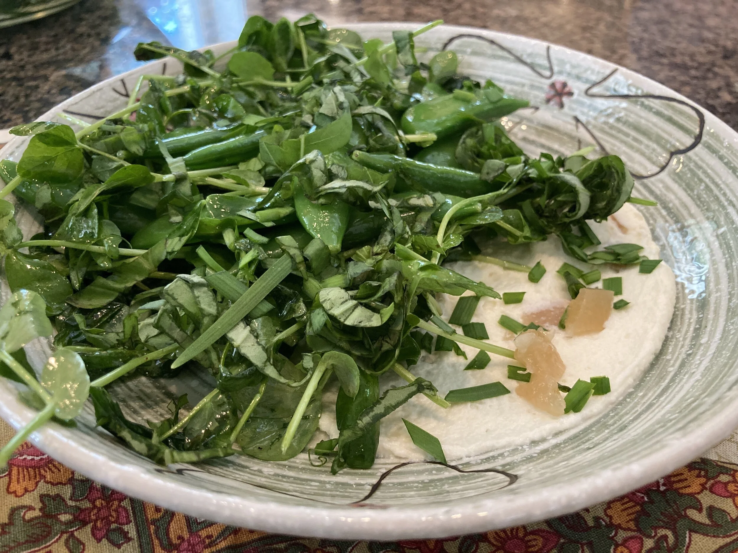 Pea Shoots and Sugar Snap Peas with Preserved Lemon Goat Cheese Cream