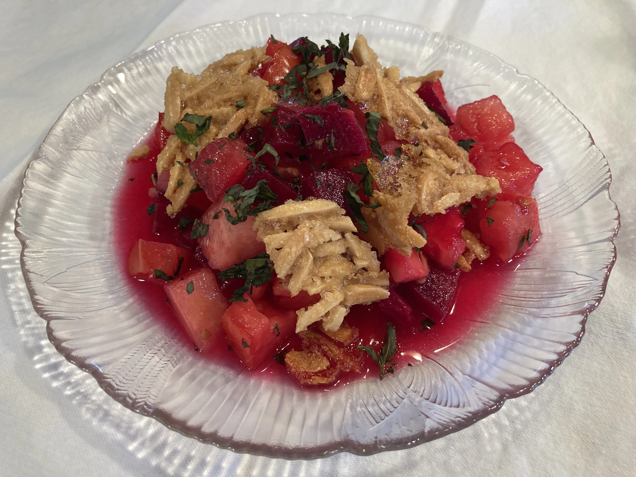 Tomato, Watermelon and Beet Salad with Caramelized Almond Brittle