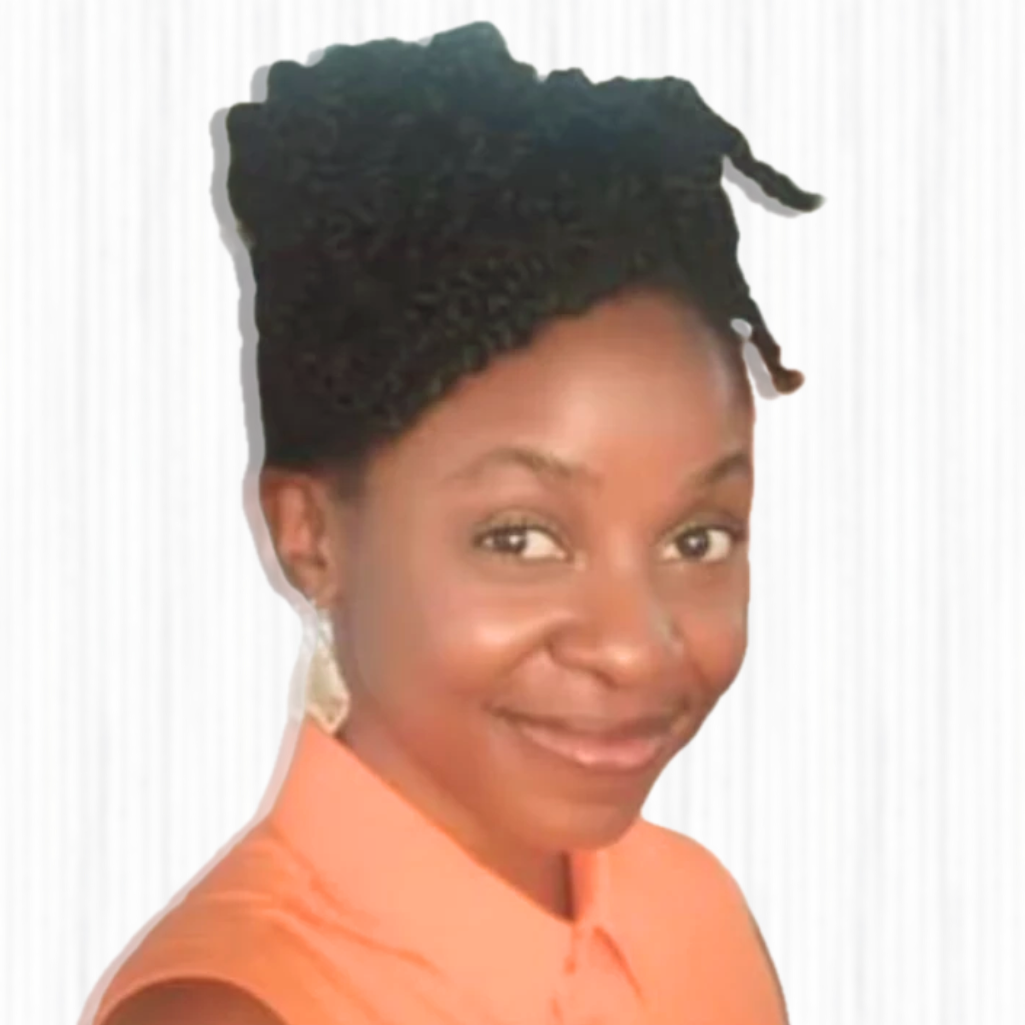 A woman with dark skin, smiling, wearing an orange top and earrings, with her hair styled in twists and dreadlocks.