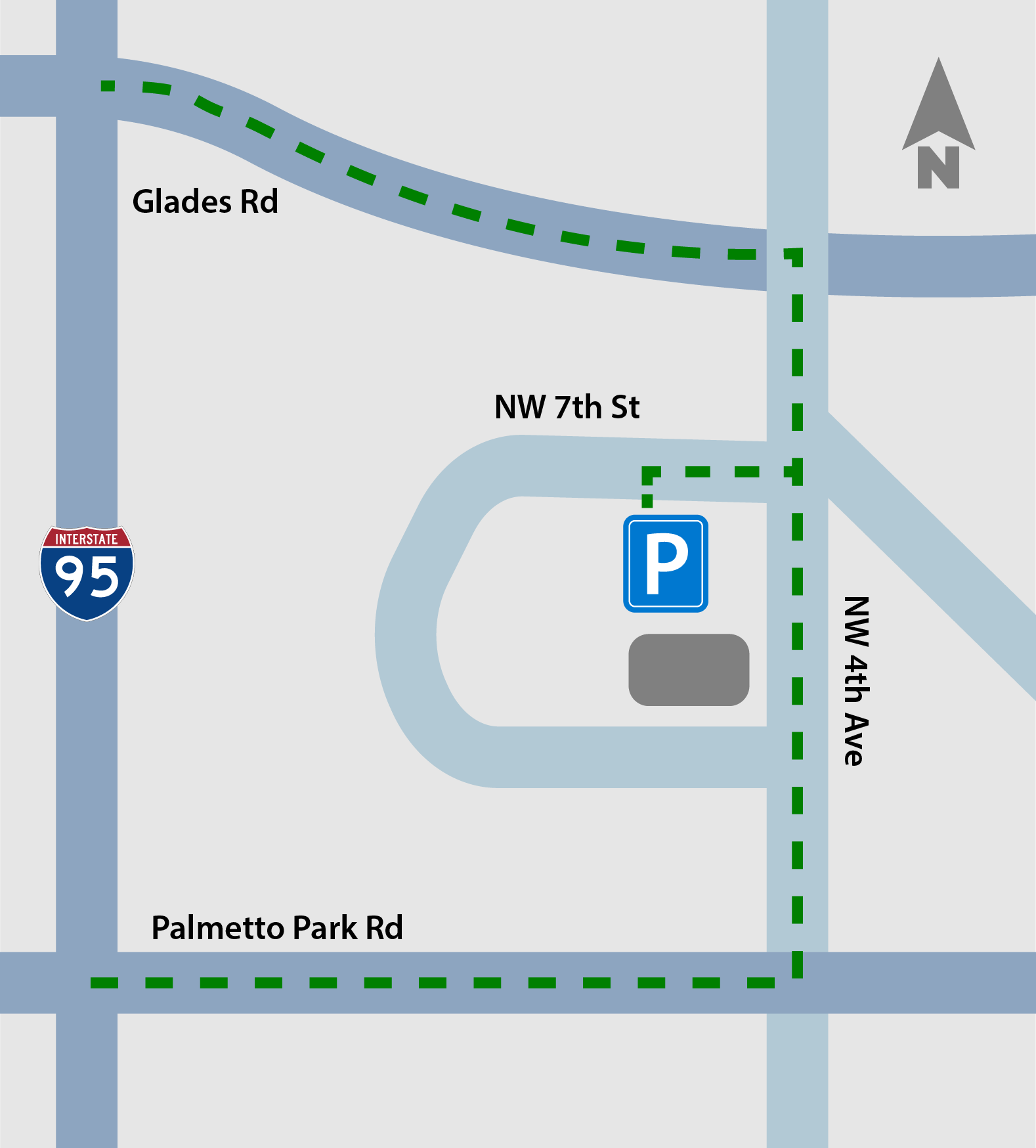 Map showing an area with streets including NW 7th St, NW 44th Ave, Palmetto Park Rd, Glades Rd, and Interstate 95. There is parking marked with a blue P sign and a gray rectangle indicating a structure. The map has a north arrow at the top right corner.