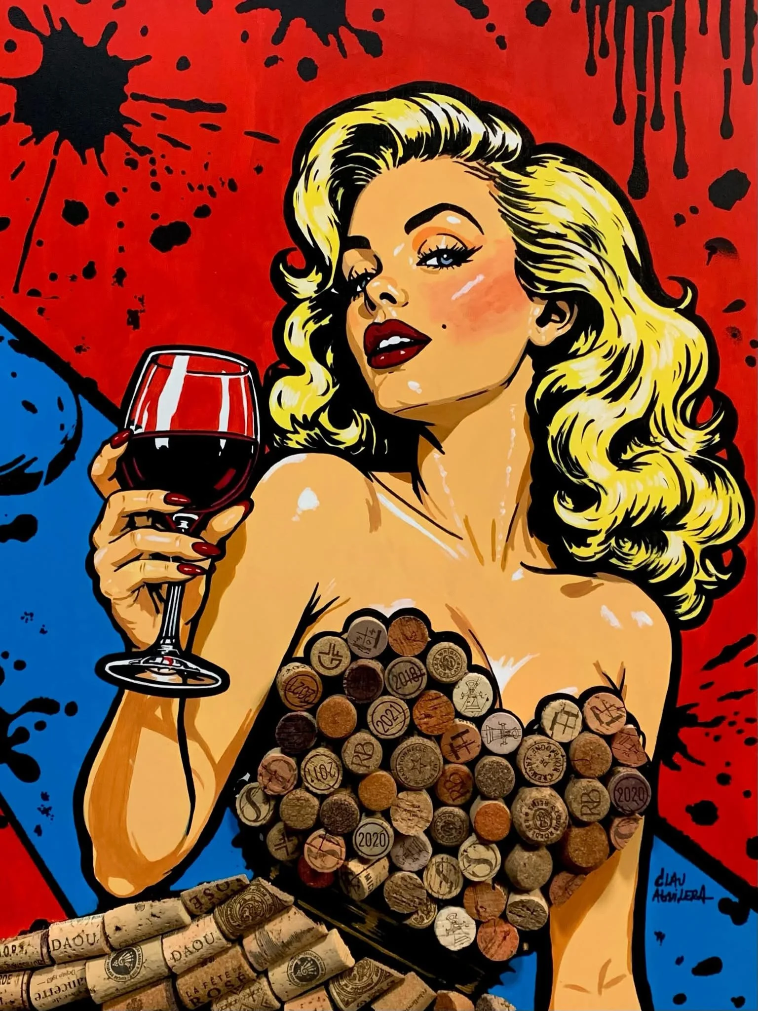 *Name: '' POUR DECISIONS ''.
*Medium: Acrylics and natural wine corks on board 
*Size : 18 in x 24 in 