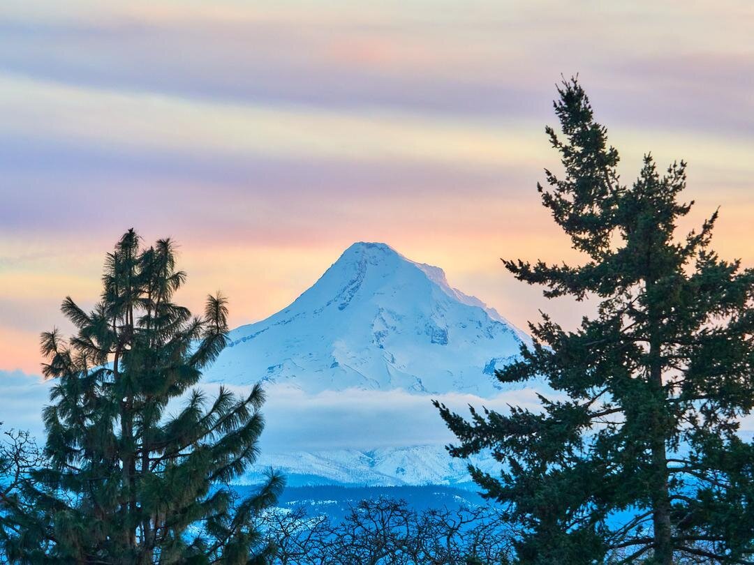 🔥🌲🏔️ Frozen titan awakens in candy skies! 😍🍬 🎨 Surrender your senses to the flamboyant palette of sky-high whimsy! 🌄 Mount Hood dons a couture cloak of alpine splendor, pirouetting amidst a sorbet sky. Nature's own masterpiece, frost-kissed an