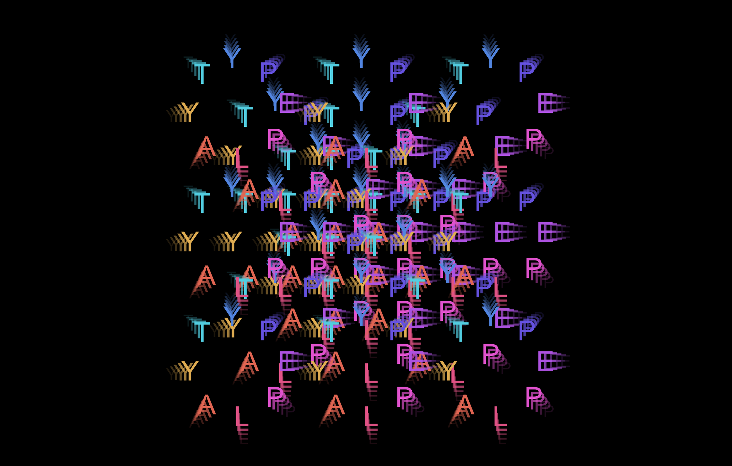 Colorful 3D text spelling out various words in different directions and sizes, with a black background.